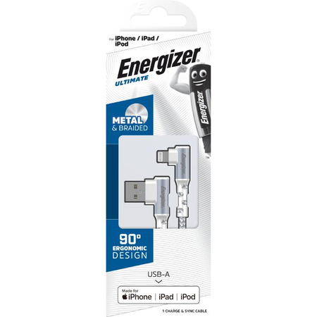 Energizer Ultimate - Câble de jeu USB-A vers Lightning 90° certifié MFi 2m (Blanc)