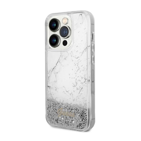 Guess Liquid Glitter Marble - Coque iPhone 14 Pro (Blanc)