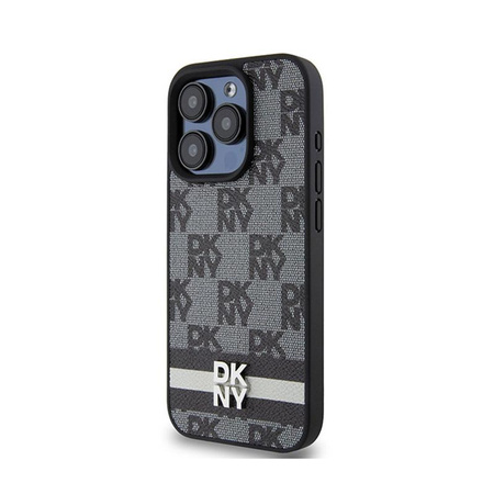 DKNY Leather Checkered Mono Pattern & Printed Stripes - iPhone 15 Pro Max Case (black)