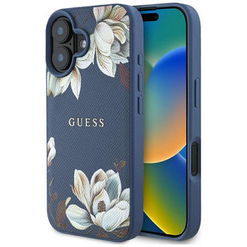 Guess MagSafe - Tasche mit genarbtem Blumenmuster für iPhone 16 (blau)