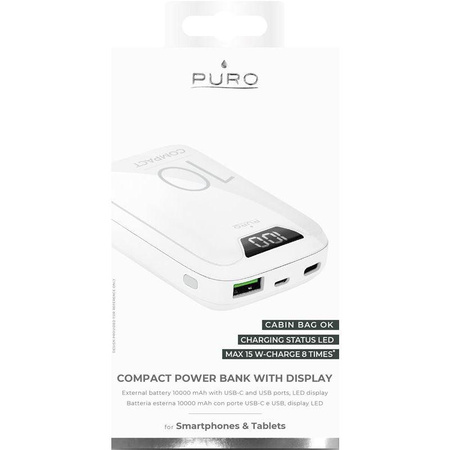 PURO Compact Power Bank - Energiatöltő okostelefonokhoz és táblagépekhez 10000 mAh, USB-A, USB-C, 15 W + LED kijelző (fehér)