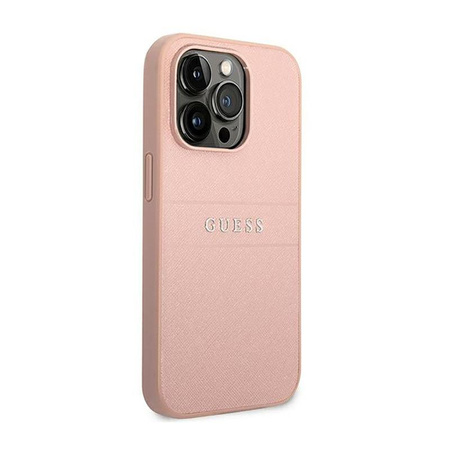 Guess Saffiano Metal Logo Stripes - Hülle für iPhone 14 Pro (Pink)