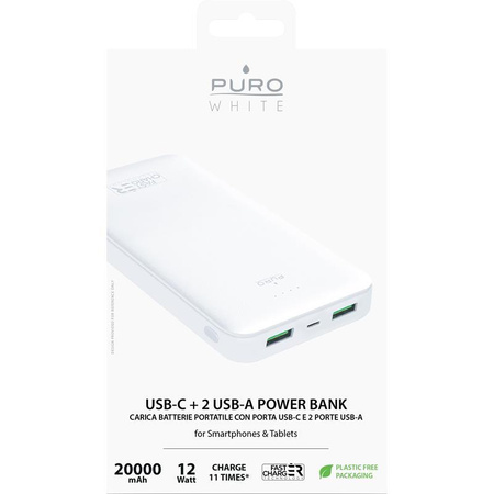 PURO White Fast Charger Power Bank - Power Bank für Smartphones und Tablets 20000 mAh, 2xUSB-A + 1xUSB-C (weiß)