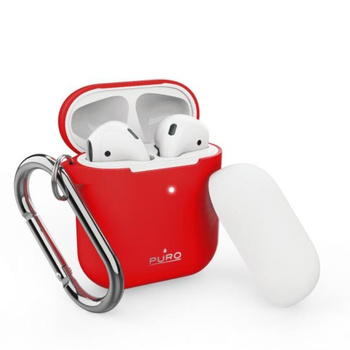 PURO ICON tok kampóval - tok Apple AirPods 1. és 2. generációs készülékekhez extra borítással és karabinerrel (piros + fehér sapka)