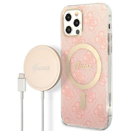 Guess Bundle Pack MagSafe 4G - MagSafe iPhone 12 / iPhone 12 Pro Tasche + Ladegerät Set (rosa/gold)