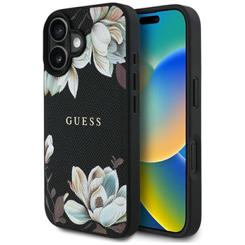 Guess Grained Flower Pattern MagSafe - étui pour iPhone 16 (noir)
