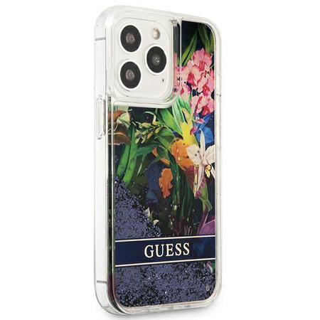 Guess Liquid Glitter Flower - pouzdro pro iPhone 13 Pro Max (modré)