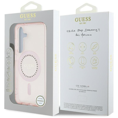 Guess Strasssteinchen gedrucktes klassisches Logo MagSafe - Hülle für Samsung Galaxy S25 (rosa)