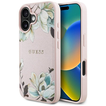 Guess MagSafe - Tasche mit genarbtem Blumenmuster für iPhone 16 (rosa)