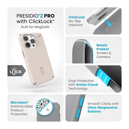 Speck Presidio2 Pro ClickLock & MagSafe - iPhone 15 Pro Tasche (Gebleichter Knochen / Erbstück Gold / Haselnussbraun)