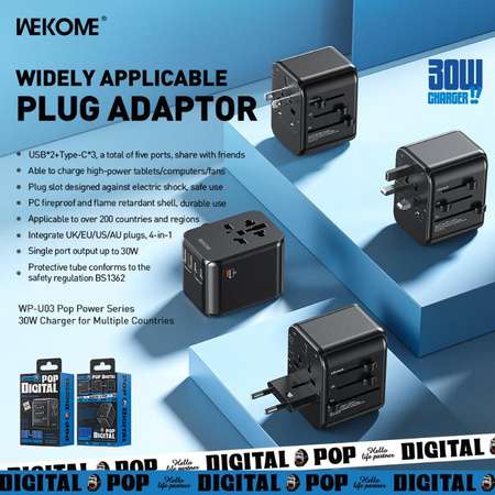 WEKOME WP-U03 Pop Digital Series - cestovní nabíječka / adaptér EU / UK / US / AU + 3x USB-C a 2x USB-A 30W (černá)