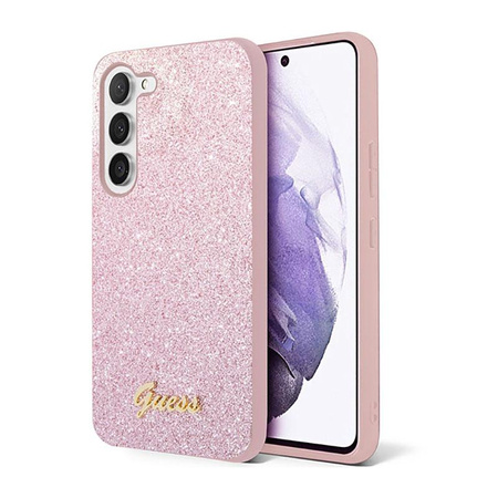 Guess Glitter Flakes Metal Logo Case - pouzdro pro Samsung Galaxy S23+ (růžové)