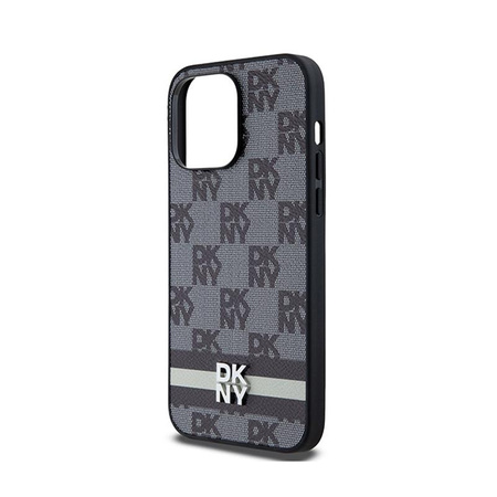 DKNY Leather Checkered Mono Pattern & Printed Stripes - Coque pour iPhone 14 Pro Max (noir)