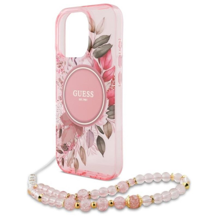 Guess IML Flowers With Pearl Strap MagSafe - pouzdro pro iPhone 16 Pro Max (růžové)