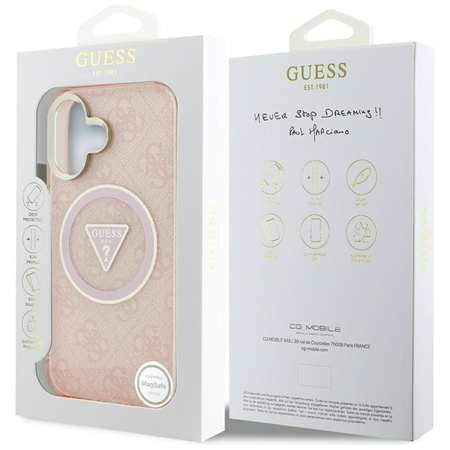 Guess IML Metal Glitter 4G Circle Triangle MagSafe - Coque pour iPhone 16 (rose)