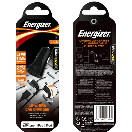 Energizer HardCase - Autótöltő 2x USB-A 17W 3.4A + MFi tanúsított Lightning kábel (fekete)