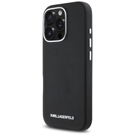 Karl Lagerfeld Saffiano Full Wrapped Elongated Metal Logo MagSafe - Hülle für iPhone 16 Pro (schwarz)