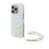 Guess IML Flowers Allover Electro With Pearl Strap MagSafe - Pouzdro pro iPhone 16 Pro (Bílé)