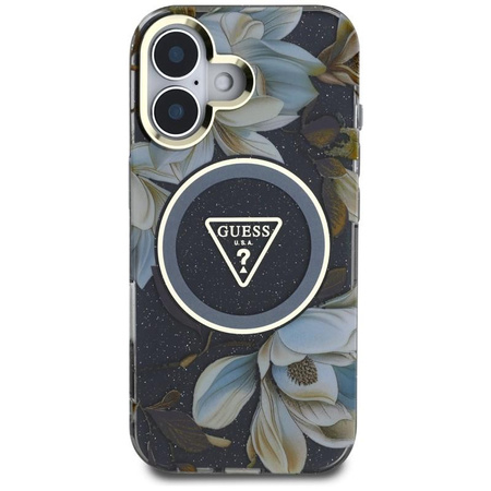 Guess Glitter virágok háromszög gombok MagSafe - tok iPhone 16 (fekete)