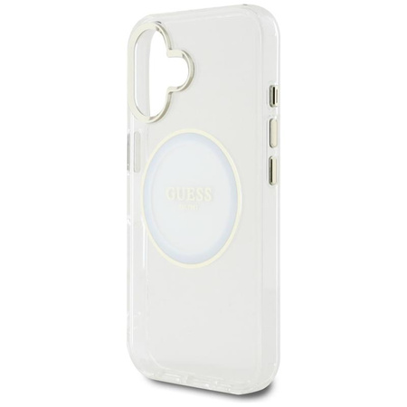 Guess IML Metallfarbener Kreis Klassisches Logo MagSafe - Hülle für iPhone 16 (weiß)