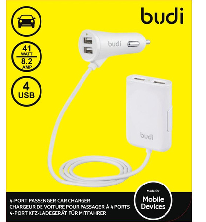 Budi - Chargeur de voiture 4x USB, 41W + répartiteur sur câble de 1,8m (Blanc)