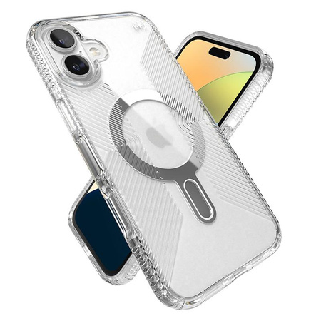 Speck Presidio Perfect-Clear Grip ClickLock e MagSafe - Custodia per iPhone 16 Plus (Trasparente / Finitura cromata / Argento Serene)