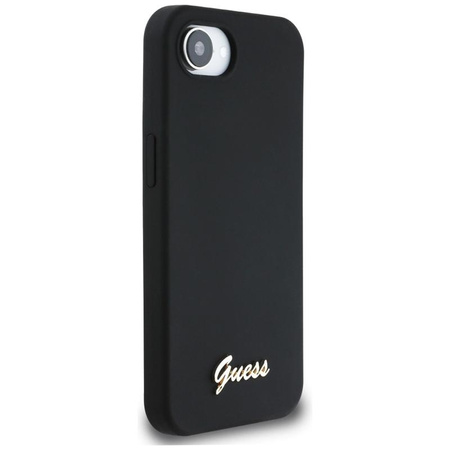Guess Silicone Script Metal Logo MagSafe - étui pour iPhone 16e (noir)