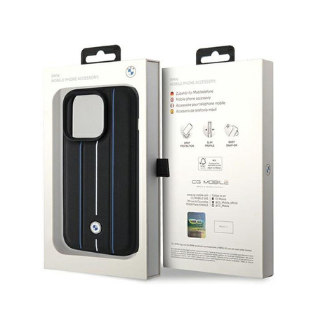 BMW Leather Stamp Blue Lines - Étui pour iPhone 15 Pro Max (noir)