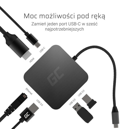 Green Cell - Adaptateur, convertisseur, USB-C HUB 6in1 (USB 3.0 HDMI Ethernet USB-C)