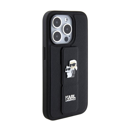 Karl Lagerfeld Gripstand Saffiano Karl & Choupette Pins - pouzdro na iPhone 13 Pro (černé)