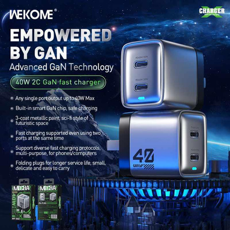 WEKOME WP-U02 Mecha Series - Chargeur de courant 2x USB-C Super Fast Charger GaN 40W (Argent)