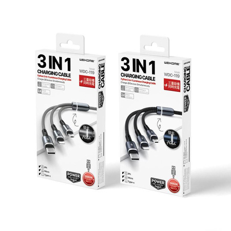 WEKOME WDC-119 Fython Series - 3-in-1 USB-A zu Lightning + USB-C + Micro USB PD Anschlusskabel 1,2 m (Schwarz)
