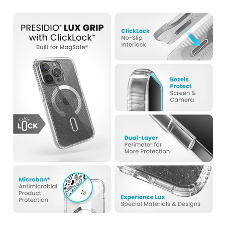 Speck Presidio Lux Grip ClickLock & Magsafe - iPhone 15 Pro tok (átlátszó / krómozott kivitel / derűs ezüst)