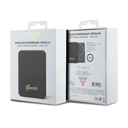 Guess Metal Script Logo MagSafe - 5W indukční powerbanka MagSafe s kapacitou 3 000 mAh (černá)