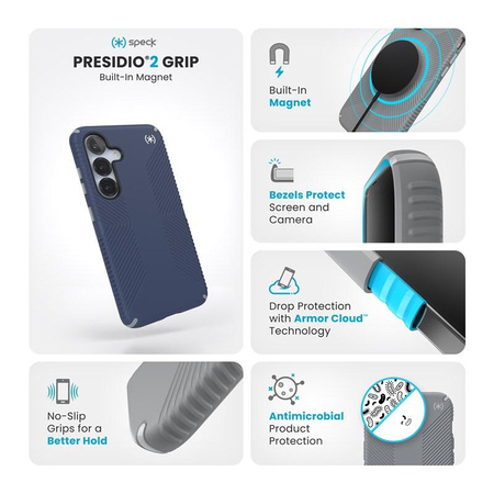 Speck Presidio2 Grip Magnet - Étui MagSafe Samsung Galaxy S25 / 24 (Bleu côtier/Gris poussière/Blanc)