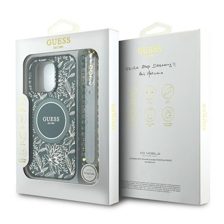 Guess IML Flowers Allover Electro avec sangle perlée Etui MagSafe pour iPhone 16 Pro (vert)