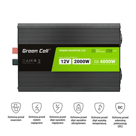 Green Cell - Convertisseur de tension PowerInverter avec écran LCD 12V à 230V 2000W/4000W onde sinusoïdale pure