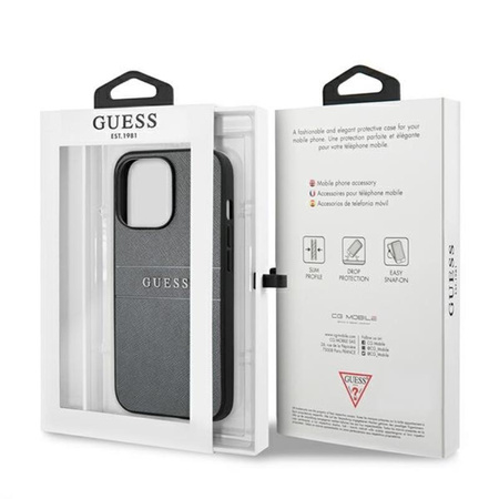 Guess Saffiano Metal Logo Stripes - Coque iPhone 13 Pro (gris)