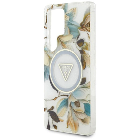 Guess Glitter Flowers Triangle Buttons MagSafe - tok Samsung Galaxy S25 Ultra (fehér)