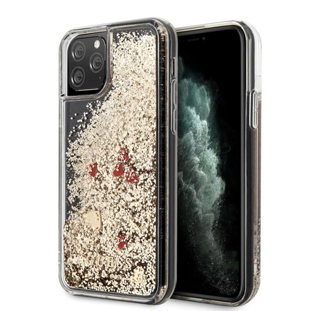 Guess Liquid Glitter Hearts - Etui iPhone 11 Pro Max (złoty/czerwony)
