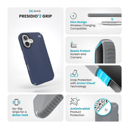 Speck Presidio2 Grip - pouzdro pro iPhone 16 (pobřežní modrá / prachově šedá / bílá)