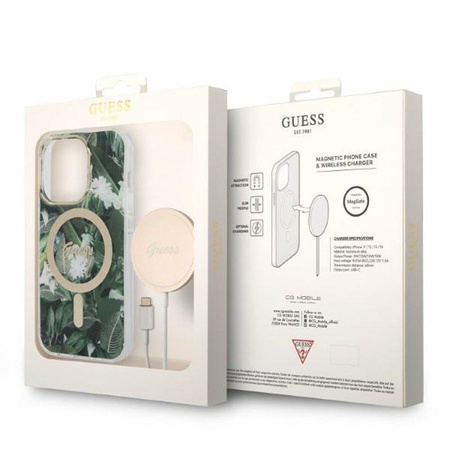 Guess Bundle Pack MagSafe IML Jungle - pouzdro MagSafe pro iPhone 14 Pro + nabíječka (khaki/zlatá)