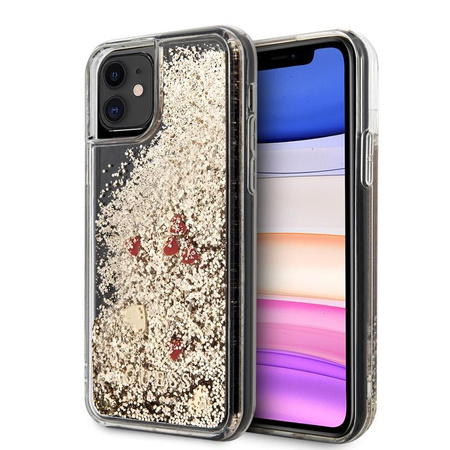 Guess Liquid Glitter Hearts - iPhone 11 Hülle (Gold/Rot)