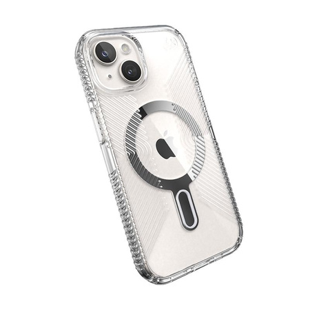 Speck Presidio Perfect-Clear Grip ClickLock & Magsafe - Coque pour iPhone 15 (Transparente / Finition chromée / Argent Serein)