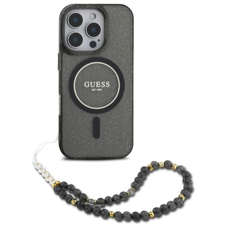 Guess IML Glitter With Pearl Strap MagSafe - Hülle iPhone 16 Pro Max (Schwarz)