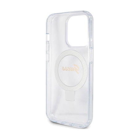 Guess Ring Stand Script Glitter MagSafe - iPhone 15 Pro tok (átlátszó)