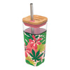 Quokka Liquid Cube - Glass mug 540 ml with stainless steel straw (Pink Jungle Flora)