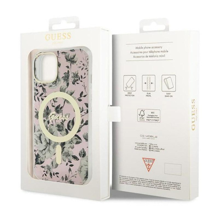 Guess Flower MagSafe - Coque pour iPhone 14 Plus (Rose)