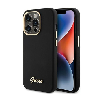 Guess Silikon Script Metall Logo & Rahmen - iPhone 15 Pro Max Hülle (schwarz)