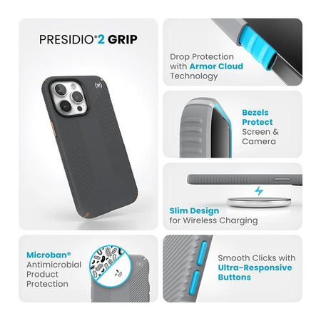Speck Presidio2 Grip - Coque iPhone 15 Pro Max (Gris anthracite / Bronze froid / Blanc)